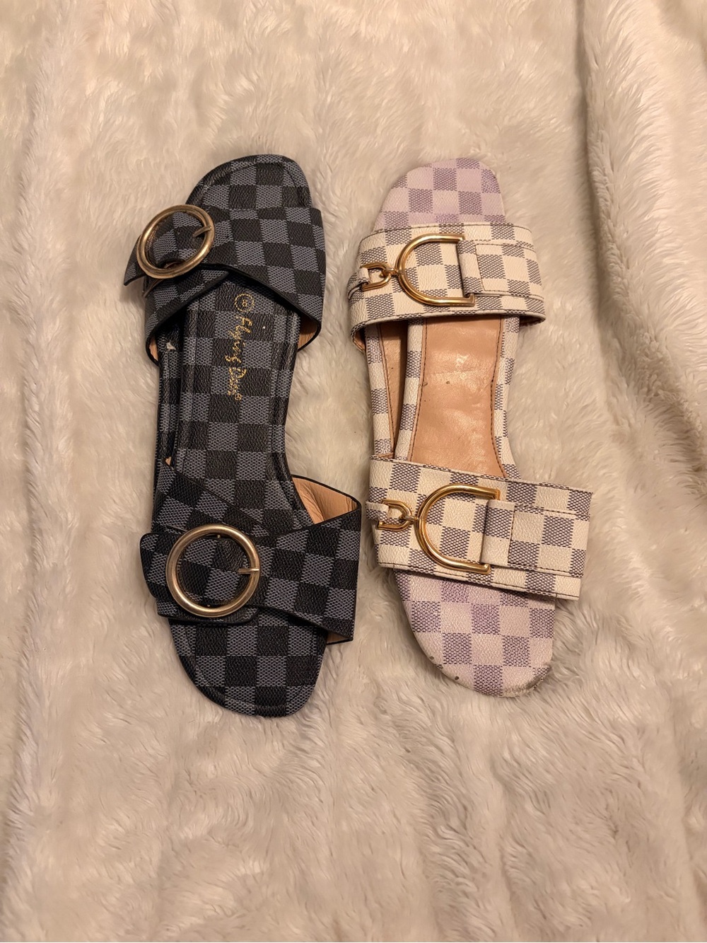 Set of Checkerboard Buckle Slide Sandals - Black and Cream